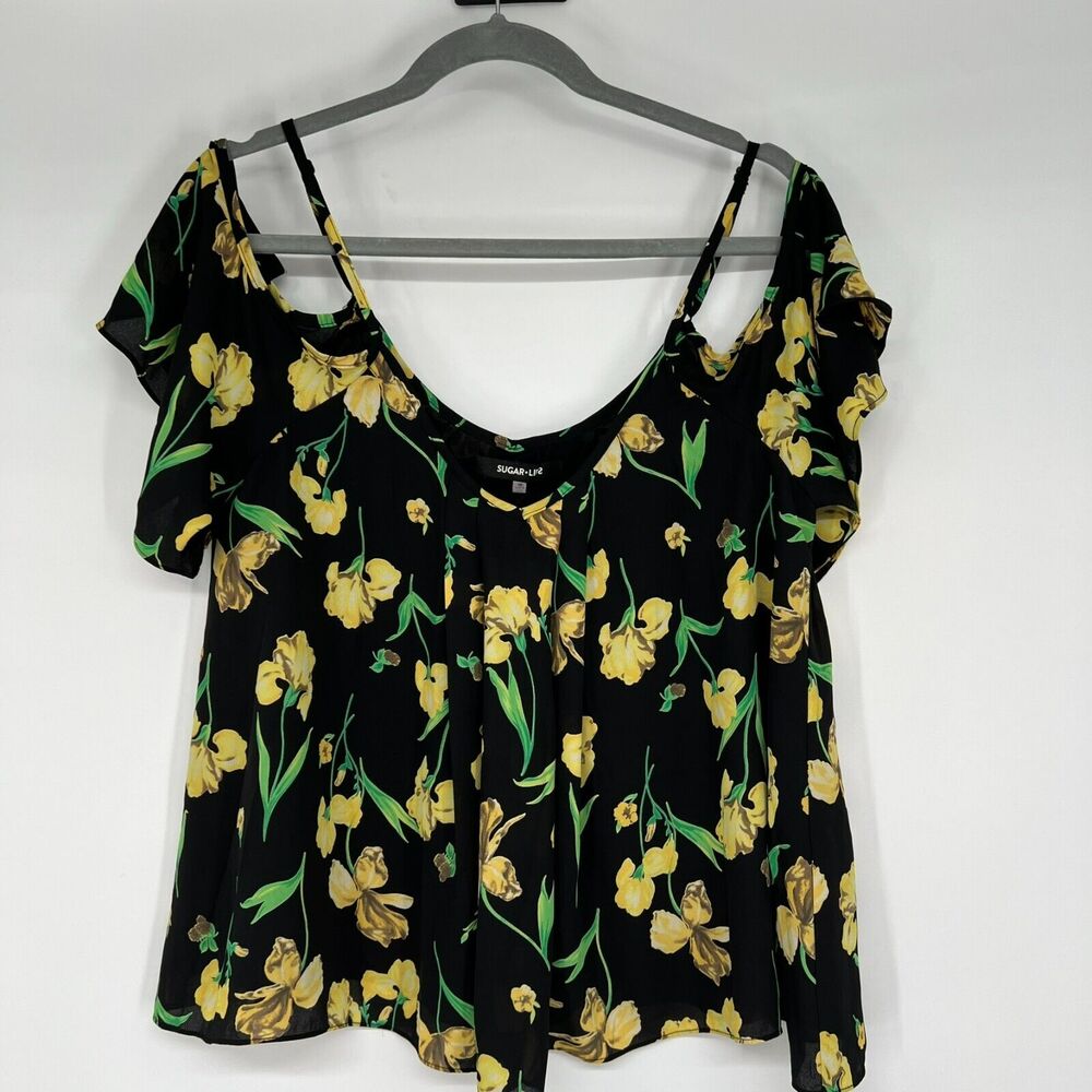 Sugar + Lips Blous Womens Sz M Black Yellow Floral Cold Shoulder Ruffle Flowy
